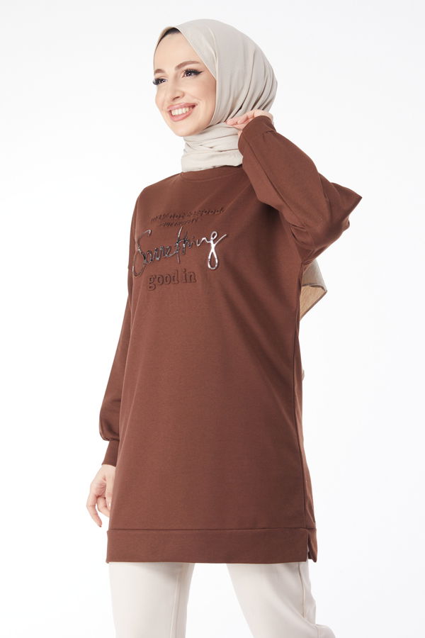 Baskılı Uzun Kollu Sweatshirt Kahverengi - 24609 KAHVERENGİ