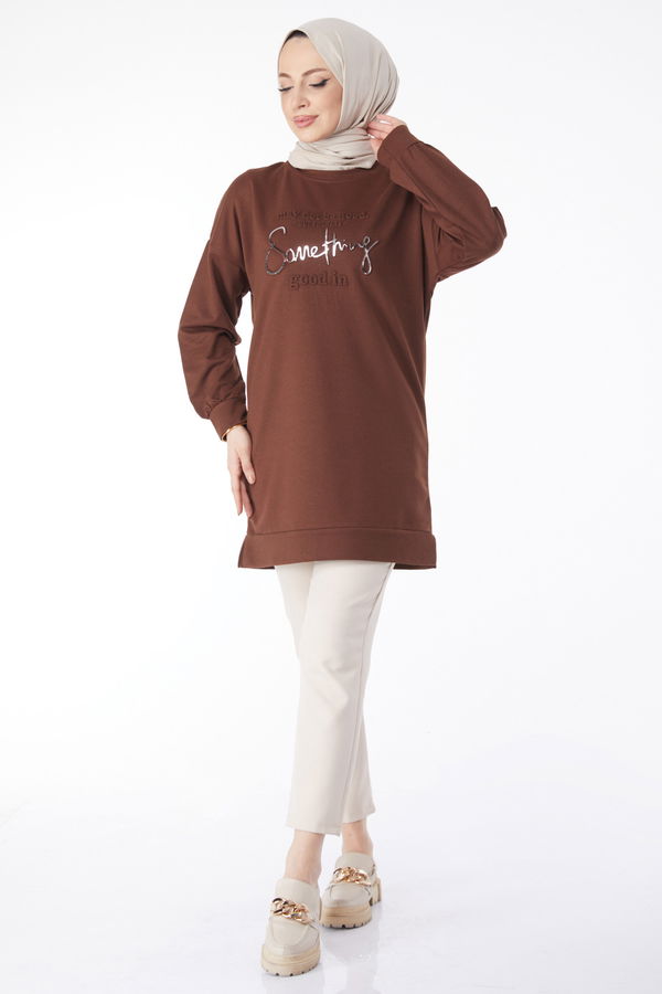 Baskılı Uzun Kollu Sweatshirt Kahverengi - 24609 KAHVERENGİ