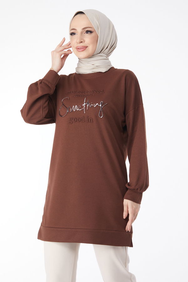 Baskılı Uzun Kollu Sweatshirt Kahverengi - 24609 KAHVERENGİ