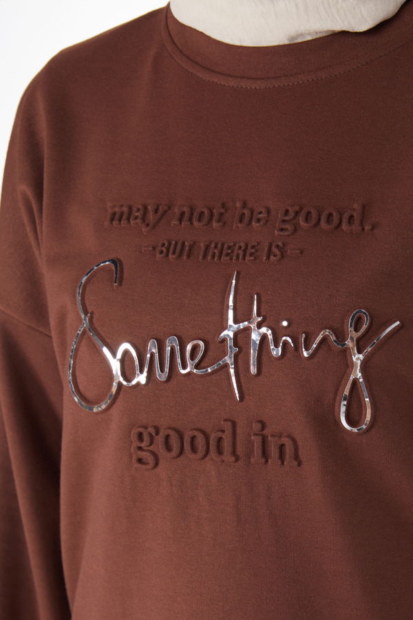 Baskılı Uzun Kollu Sweatshirt Kahverengi - 24609 KAHVERENGİ