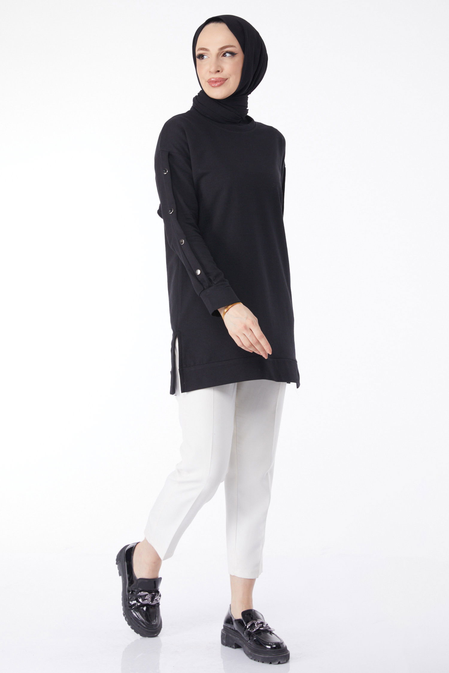 Kolları Düğmeli Sweatshirt Siyah - 24610