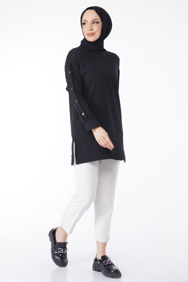 Kolları Düğmeli Sweatshirt Siyah - 24610