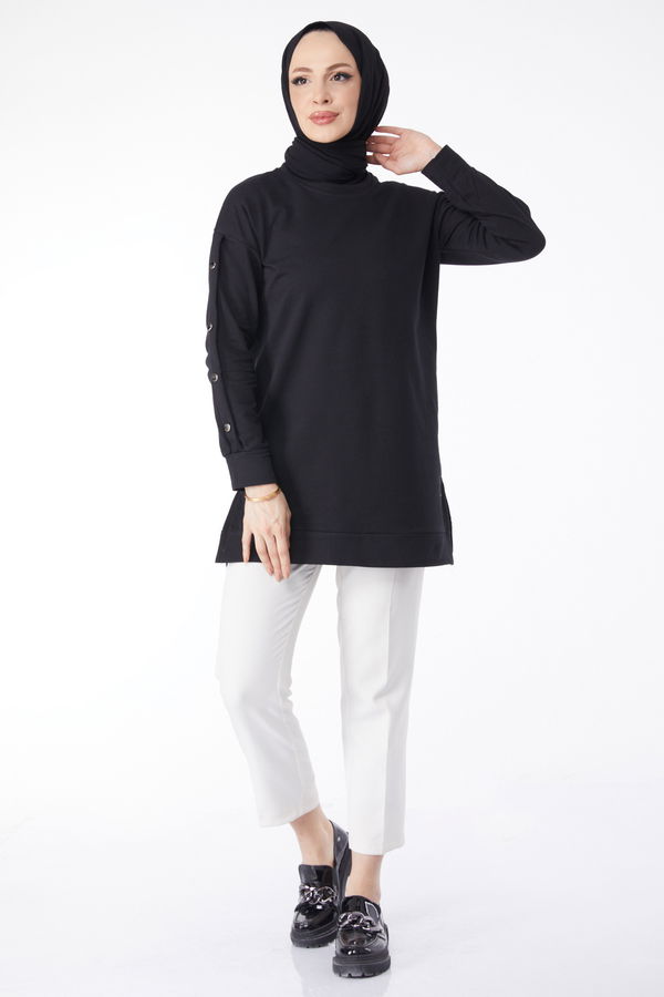 Kolları Düğmeli Sweatshirt Siyah - 24610