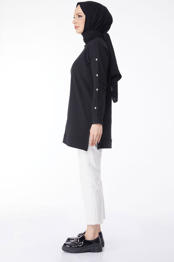 Kolları Düğmeli Sweatshirt Siyah - 24610