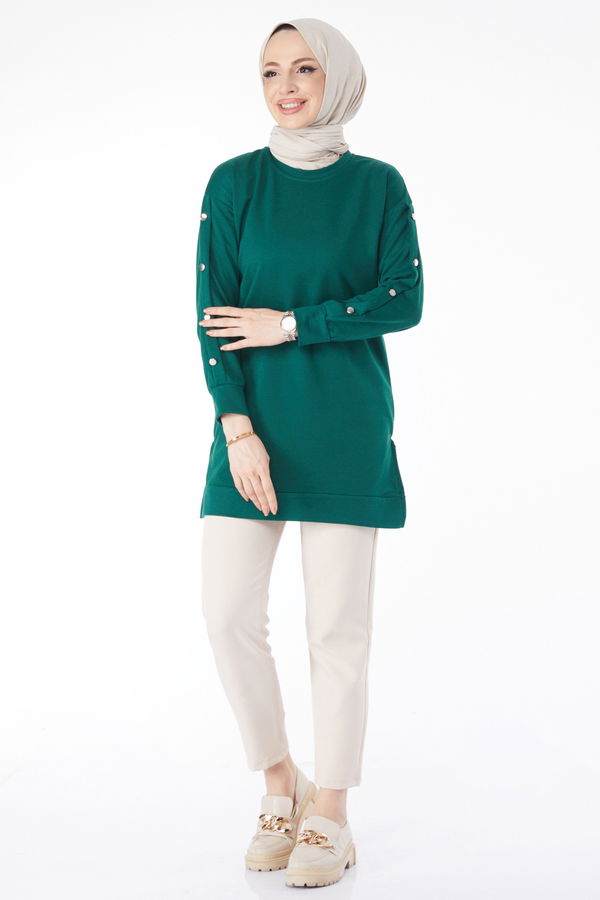 Kolları Düğmeli Sweatshirt Yeşil - 24610