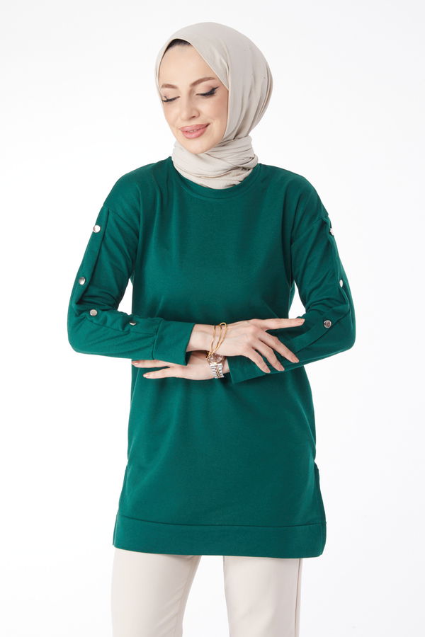 Kolları Düğmeli Sweatshirt Yeşil - 24610