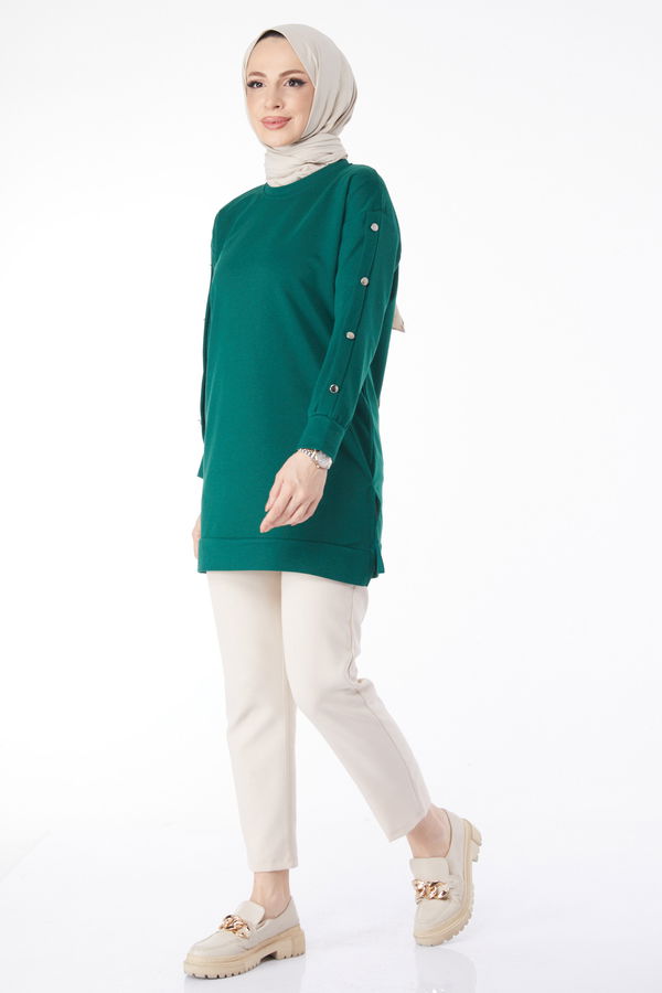 Kolları Düğmeli Sweatshirt Yeşil - 24610