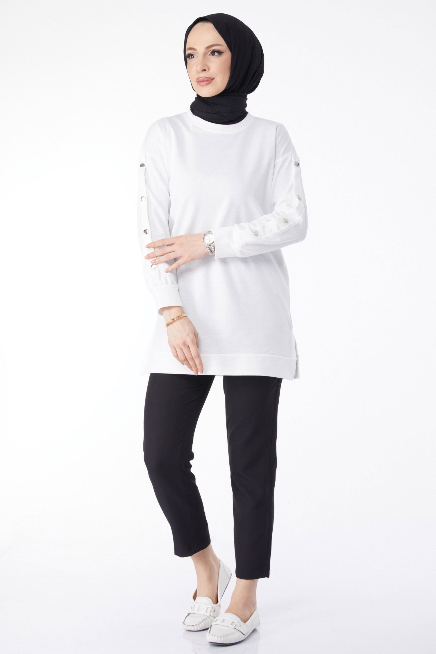 Kolları Düğmeli Sweatshirt Beyaz - 24610