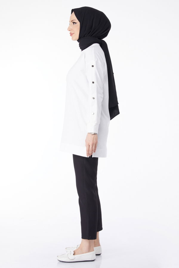 Kolları Düğmeli Sweatshirt Beyaz - 24610