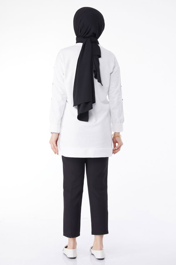 Kolları Düğmeli Sweatshirt Beyaz - 24610