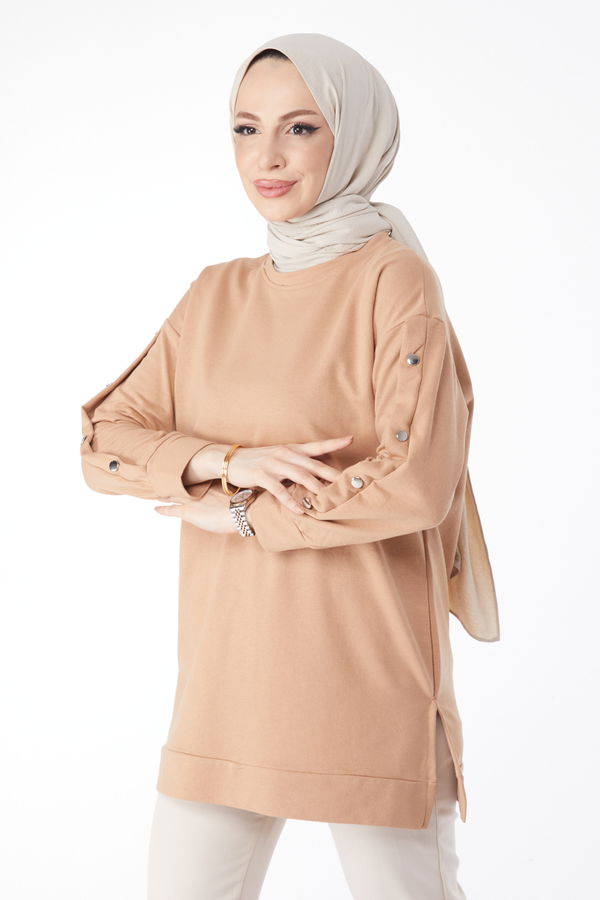 Kolları Düğmeli Sweatshirt Vizon - 24610 VİZON
