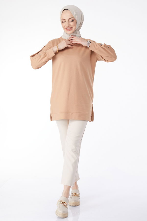 Kolları Düğmeli Sweatshirt Vizon - 24610 VİZON