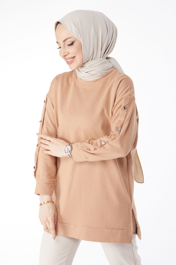 Kolları Düğmeli Sweatshirt Vizon - 24610 VİZON