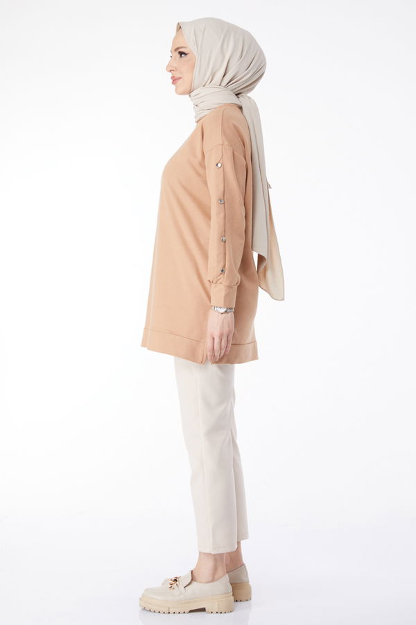 Kolları Düğmeli Sweatshirt Vizon - 24610 VİZON