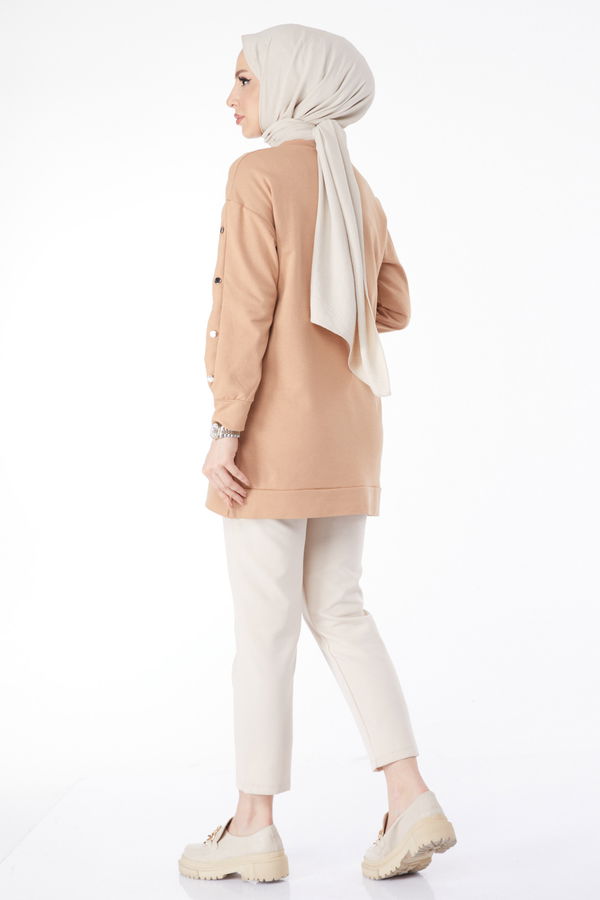 Kolları Düğmeli Sweatshirt Vizon - 24610 VİZON