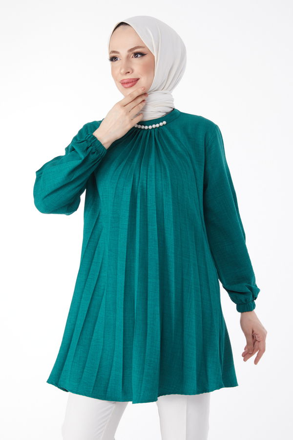 İncili Büzgülü Tunik Yeşil - 24623 YEŞİL