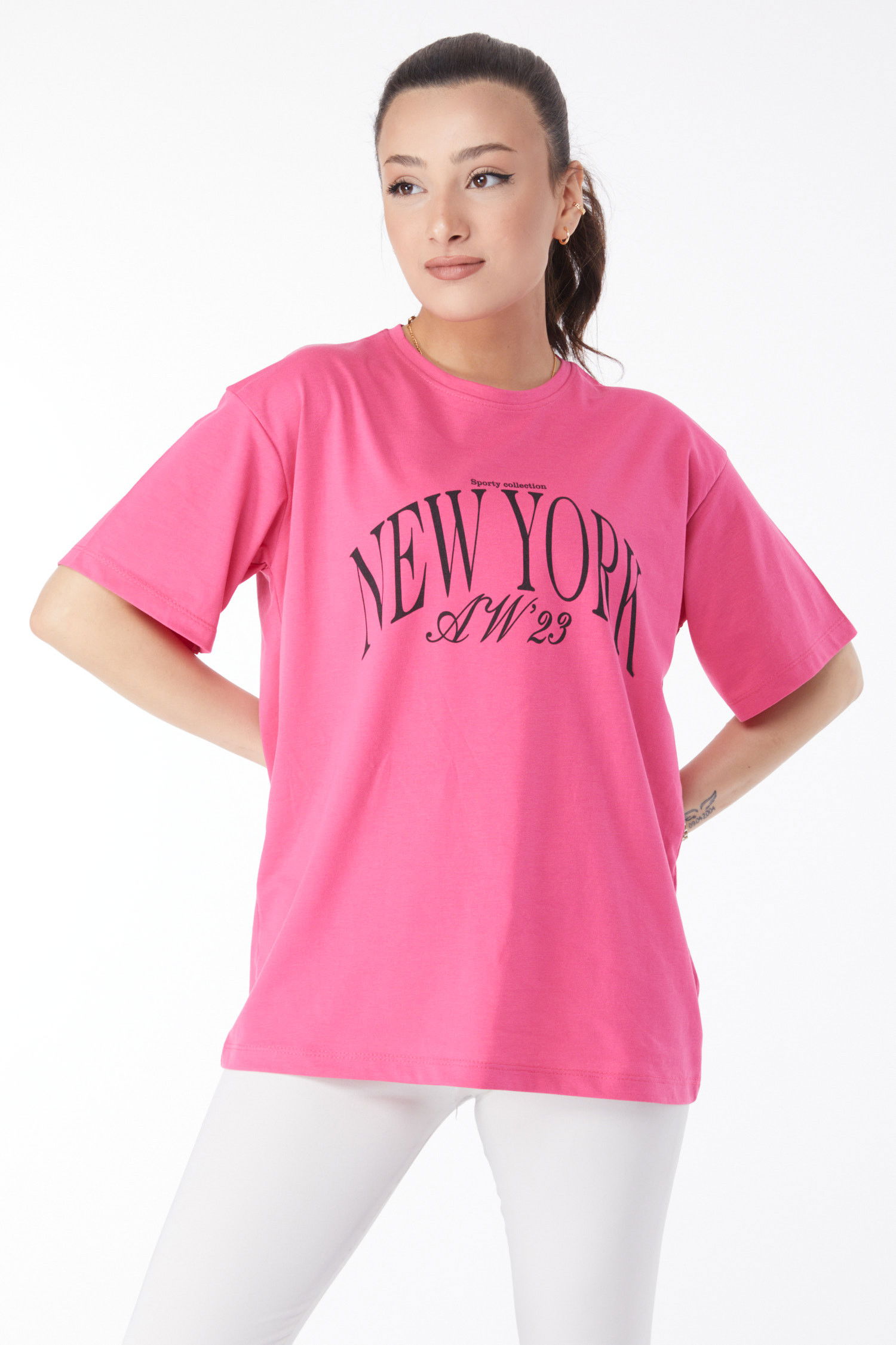 Kısa Kollu Baskılı T-shirt Fuşya - 24629 FUŞYA