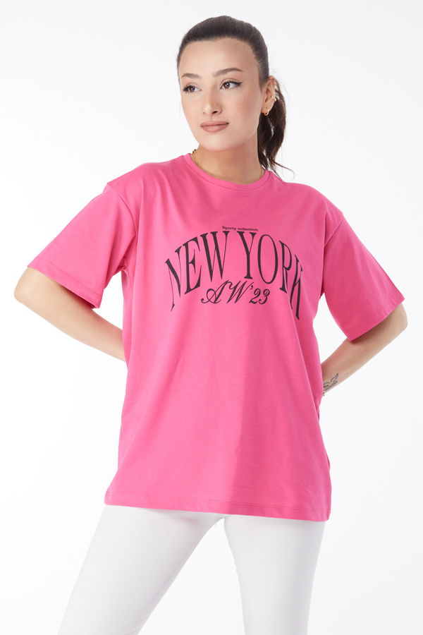 Kısa Kollu Baskılı T-shirt Fuşya - 24629 FUŞYA