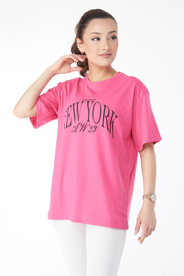 Kısa Kollu Baskılı T-shirt Fuşya - 24629 FUŞYA