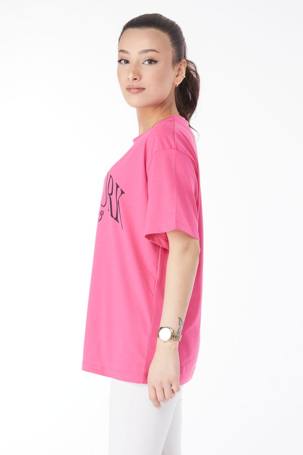 Kısa Kollu Baskılı T-shirt Fuşya - 24629 FUŞYA