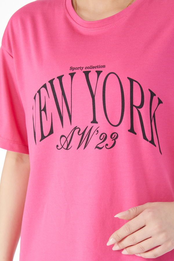 Kısa Kollu Baskılı T-shirt Fuşya - 24629 FUŞYA