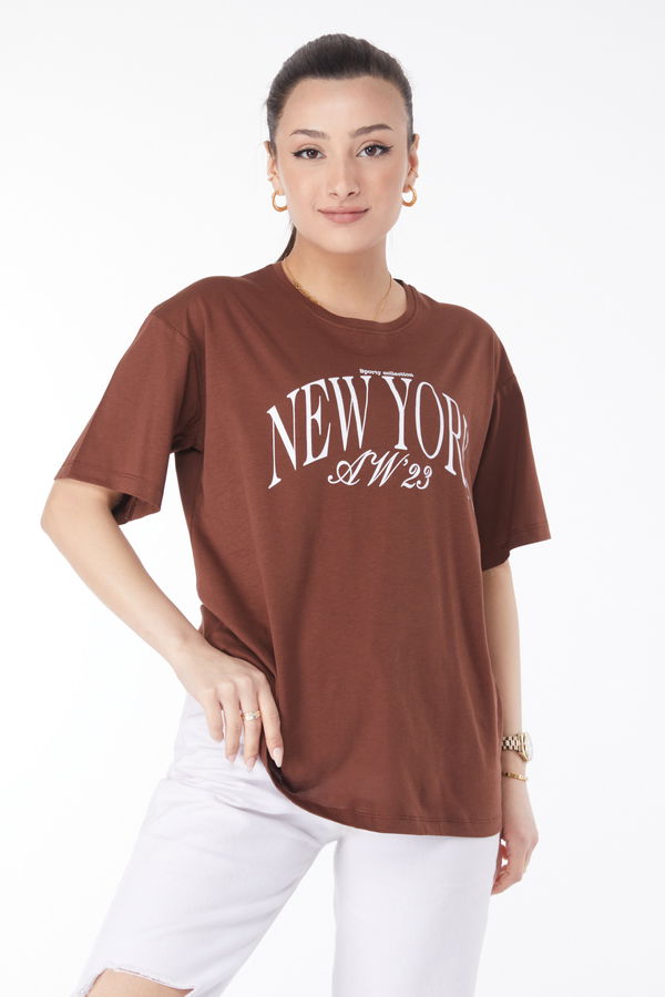 Kısa Kollu Baskılı T-shirt Kahverengi - 24629