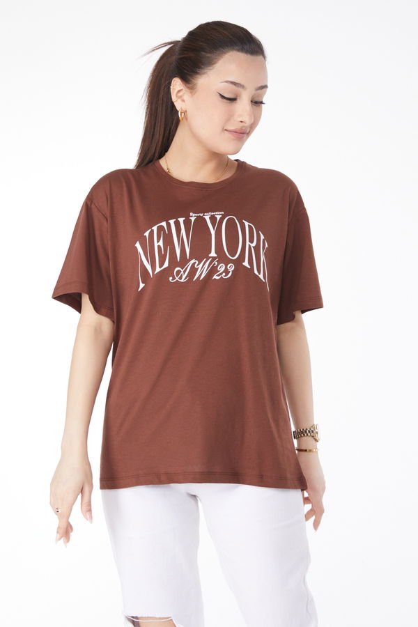 Kısa Kollu Baskılı T-shirt Kahverengi - 24629