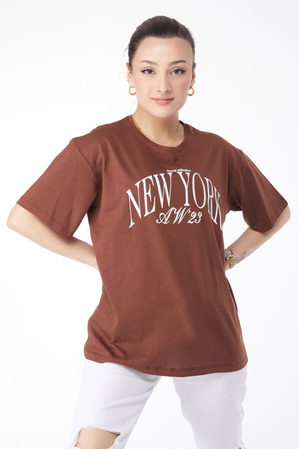 Kısa Kollu Baskılı T-shirt Kahverengi - 24629