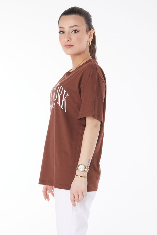 Kısa Kollu Baskılı T-shirt Kahverengi - 24629