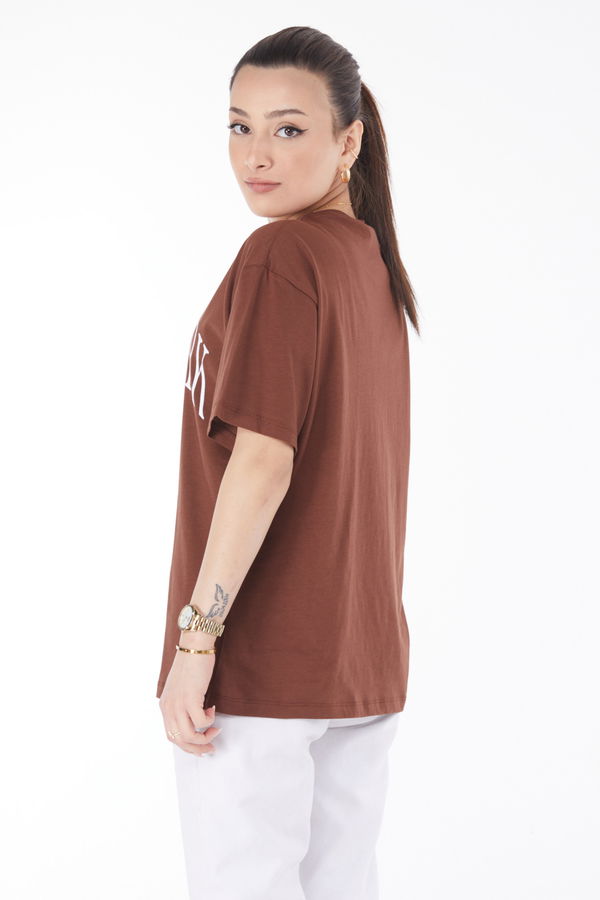 Kısa Kollu Baskılı T-shirt Kahverengi - 24629