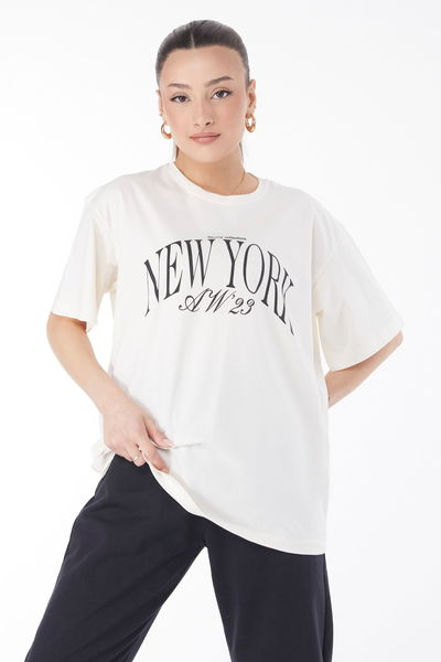 Kısa Kollu Baskılı T-shirt Ekru - 24629