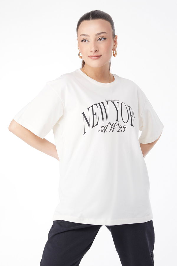 Kısa Kollu Baskılı T-shirt Ekru - 24629