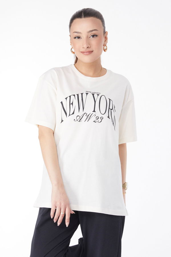 Kısa Kollu Baskılı T-shirt Ekru - 24629