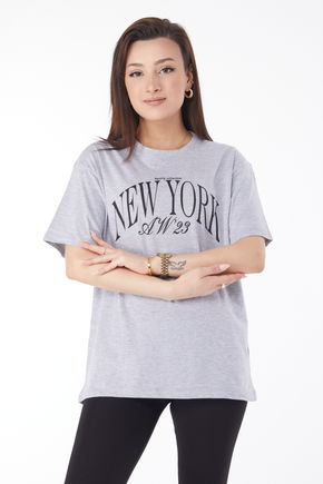 Kısa Kollu Baskılı T-shirt Gri - 24629