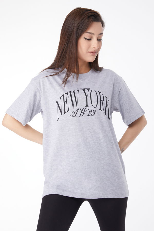 Kısa Kollu Baskılı T-shirt Gri - 24629