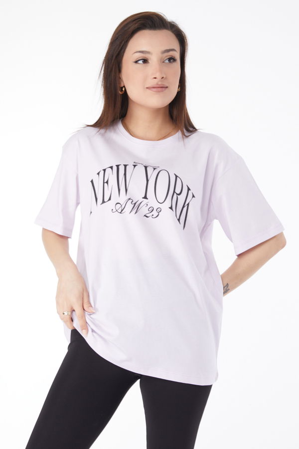 Kısa Kollu Baskılı T-shirt Lila - 24629 LİLA