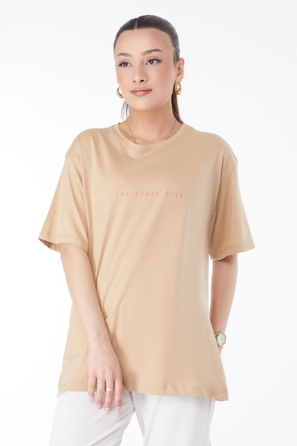 Kısa Kollu Baskılı T-shirt Vizon - 24630