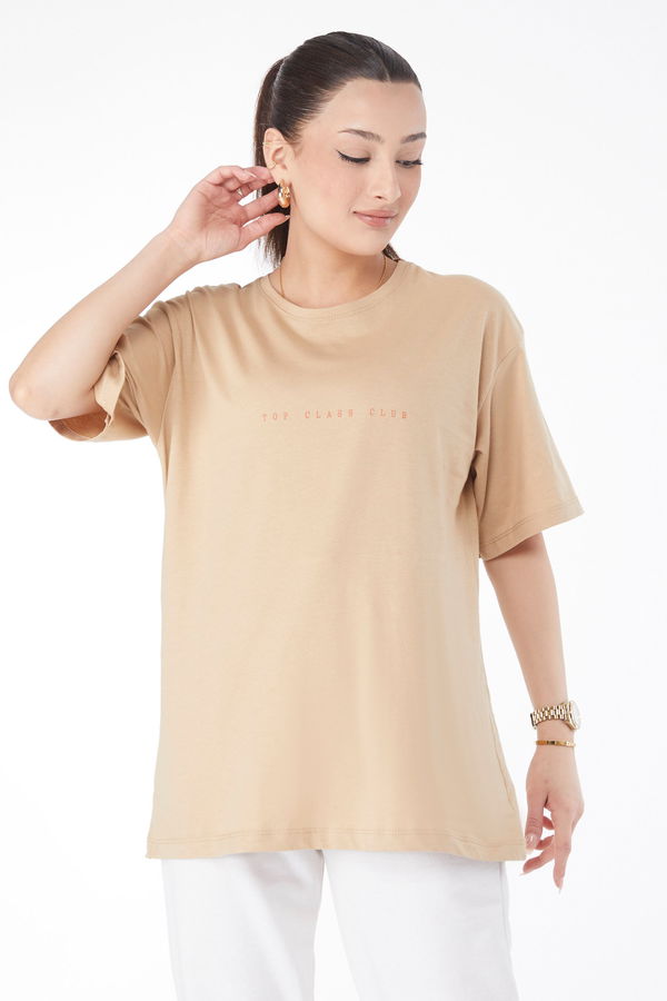 Kısa Kollu Baskılı T-shirt Vizon - 24630