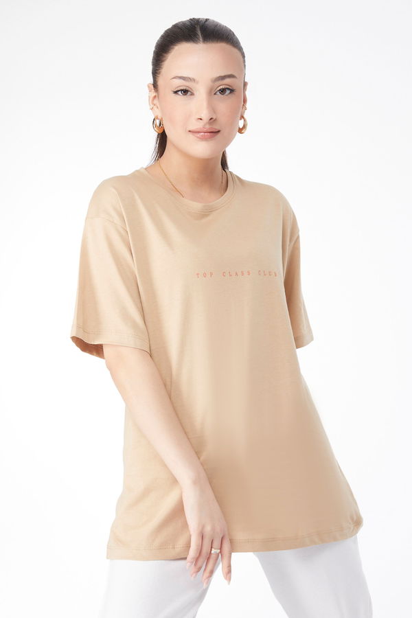 Kısa Kollu Baskılı T-shirt Vizon - 24630