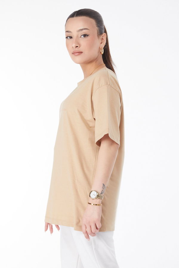 Kısa Kollu Baskılı T-shirt Vizon - 24630