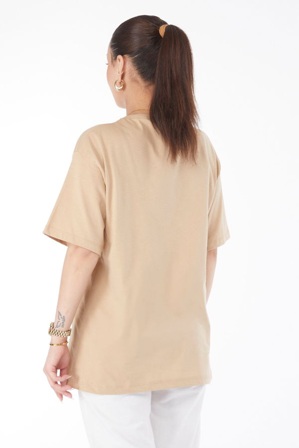 Kısa Kollu Baskılı T-shirt Vizon - 24630