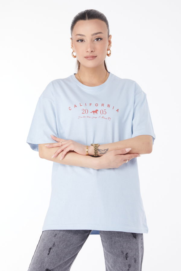 Kısa Kollu Baskılı T-shirt Mavi - 24632 MAVİ