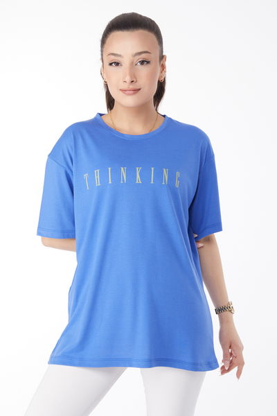 Kısa Kollu Baskılı T-shirt Mavi - 24634