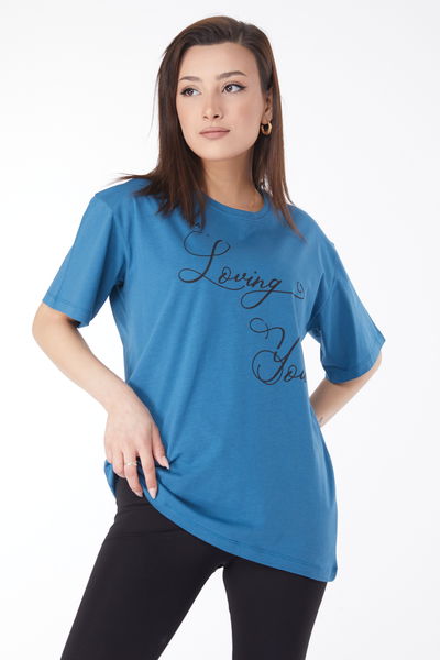 Kısa Kollu Baskılı T-shirt Petrol - 24635
