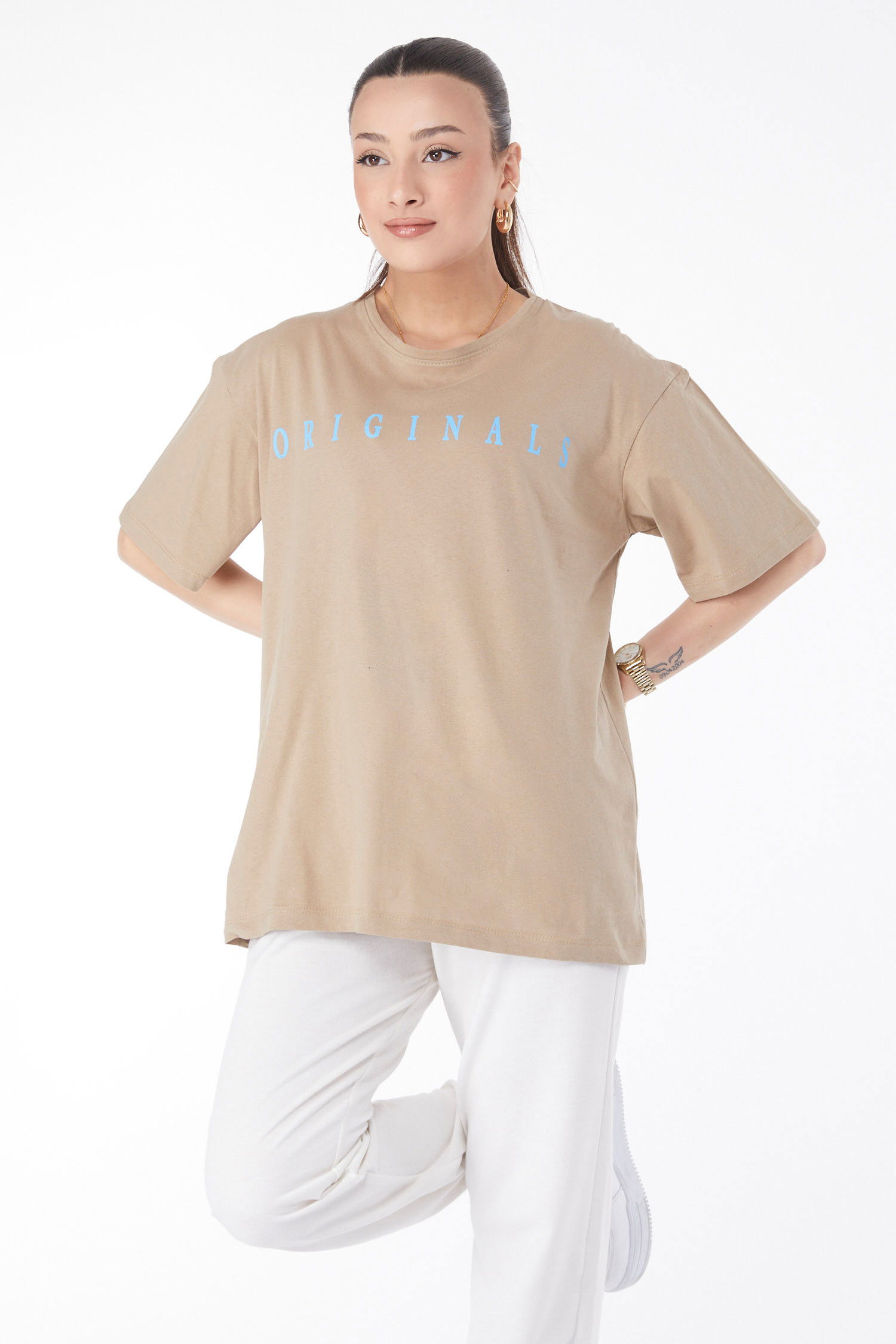 Kısa Kollu Baskılı T-shirt Vizon - 24636
