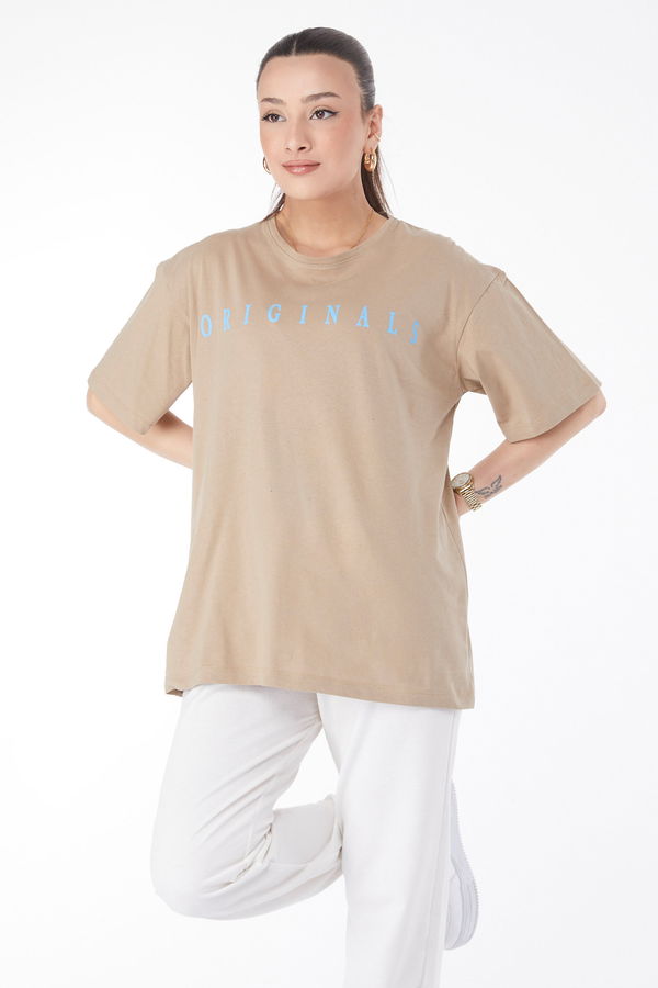 Kısa Kollu Baskılı T-shirt Vizon - 24636