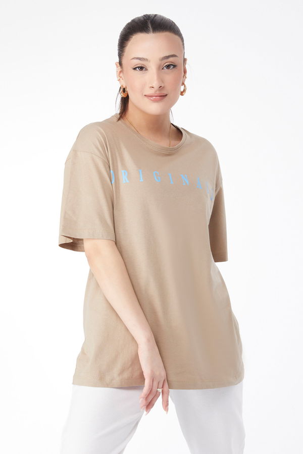 Kısa Kollu Baskılı T-shirt Vizon - 24636