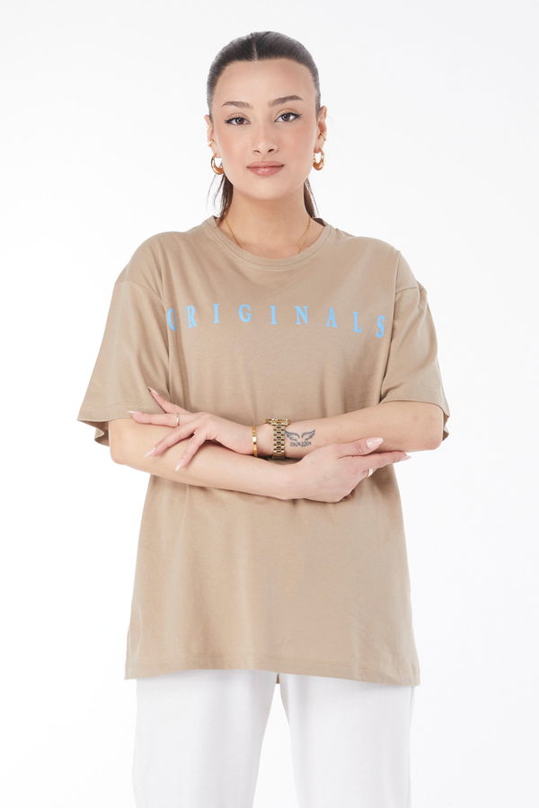 Kısa Kollu Baskılı T-shirt Vizon - 24636
