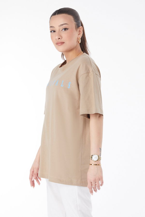 Kısa Kollu Baskılı T-shirt Vizon - 24636