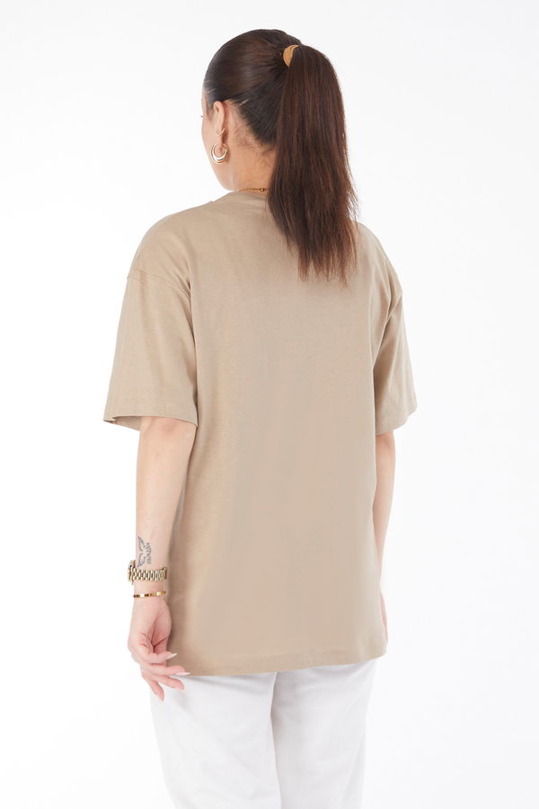 Kısa Kollu Baskılı T-shirt Vizon - 24636